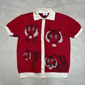 OXKNIT Men's Red Short Sleeve Sweater Tiger Faces Graphic SZ XL Button Up